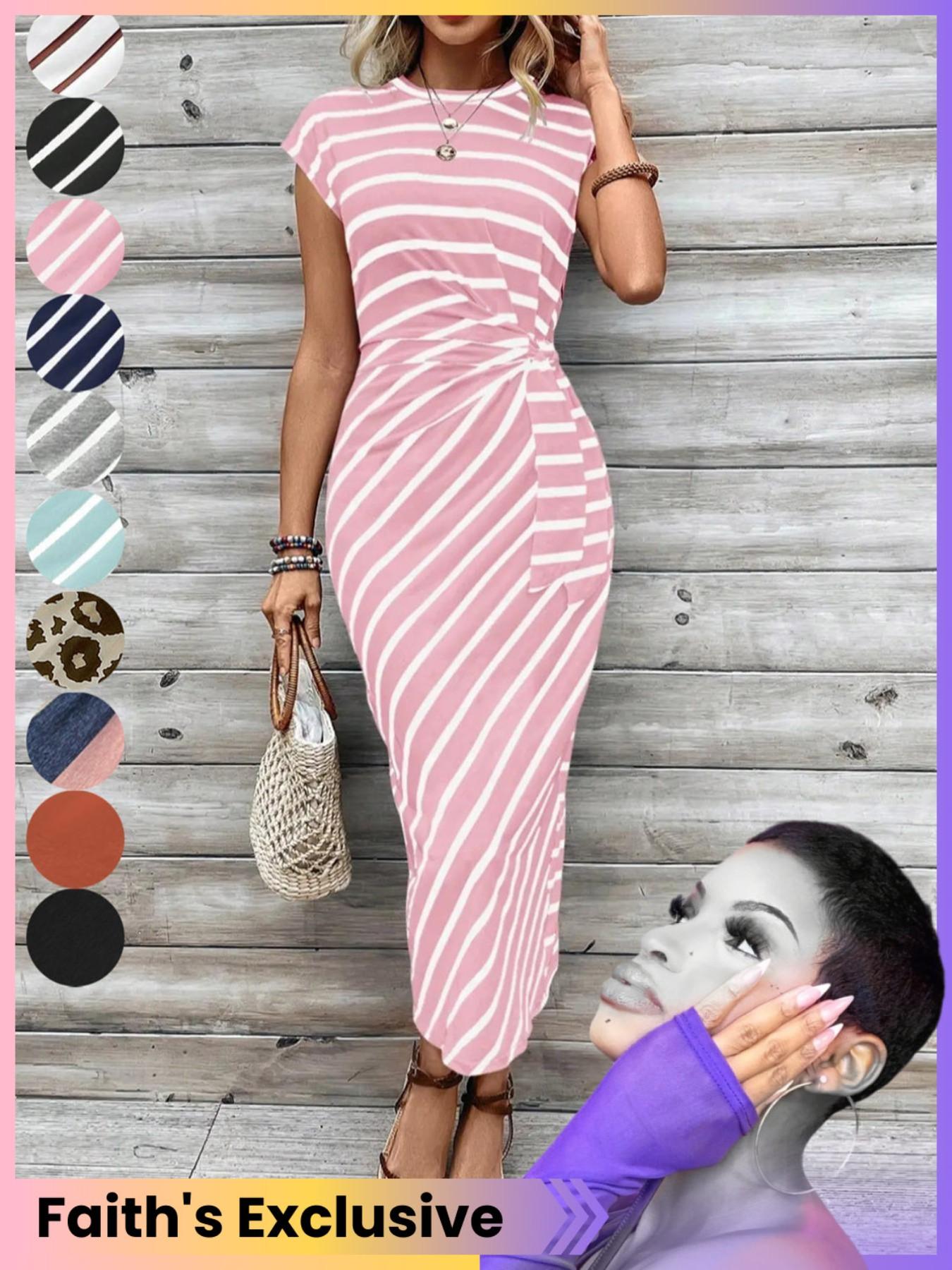 Women's Striped Print Knot Bodycon Dress, Summer Outfits 2024, Elegant Drop Shoulder Short Sleeve Long Dress for Summer, Sundress Maxi Dress, Frenchy Style Ladies Clothes for Beach Holiday