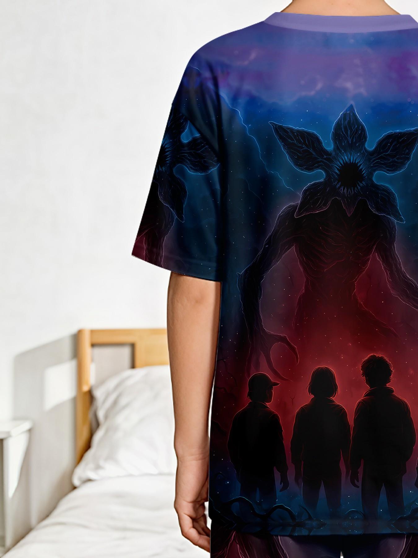 Stylish 2-piece Shadow Monster boys' short-sleeve pajama set with digital print, including an extended sleep pants. Fashionable, casual, comfortable and soft loungewear set, suitable for boys' sleep and home leisure, a perfect gift for boys.