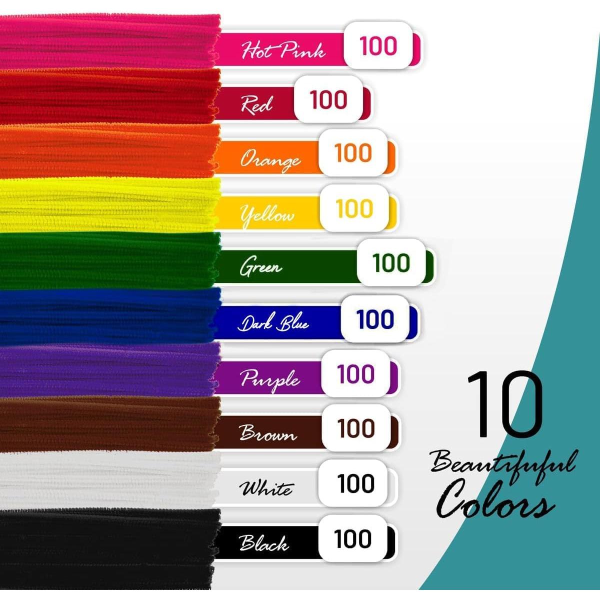 Pipe Cleaners Craft - 1000 count Multi-Colored Chenille Stems, 6mm x 12 Inch Fuzzy Sticks, 10  Colors for DIY Arts and Craft Projects and Decorations