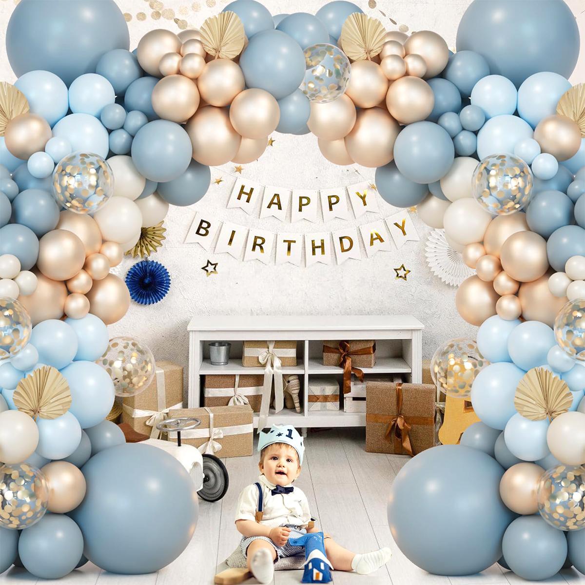 Blue Balloon Garland Arch Kit,111pcs Dusty Blue Latex Balloon,Champagne Gold Confetti Balloon Wedding Decoration,Birthday Baby Shower Decor