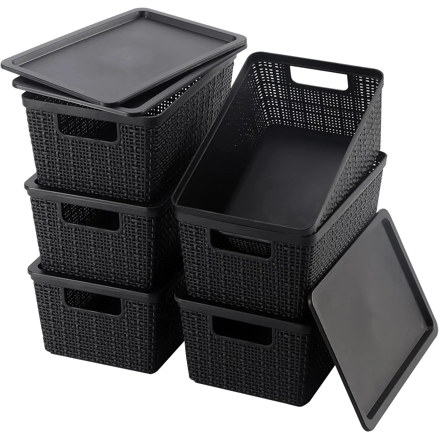 6 Pack Plastic Storage Baskets with Lid,Black Stackable Bins Durable Woven Plastic With handle Breathable,Save space ,For Organizing Desktops, Closets, Playrooms, Classrooms, Offices