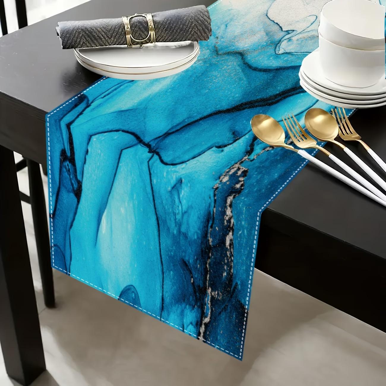 2D flat printing, 5-piece set/7-piece set table flag, dining mat, blue turquoise marble tablecloth, modern marble texture tablecloth, suitable for restaurant kitchen, wedding, holiday, party table decoration