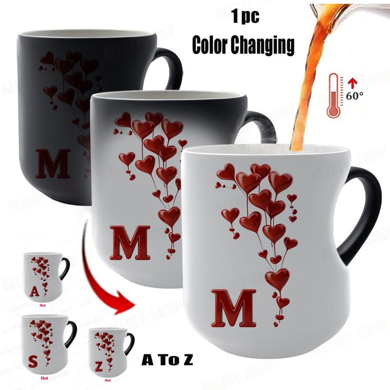 Color Changing Mug A-Z Initial Heart Coffee Cup, Thermosensitive Ceramic Mug with Heart-Shaped Handle, 11 Oz/330 Ml, Valentine's Day Gift