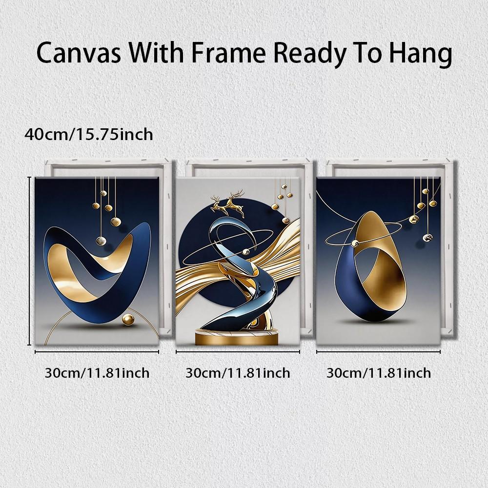 3-Panel Framed Canvas Wall Art, Navy Blue & Gold Abstract Geometry Deer Canvas Print, 3D Texture Golden Elk Wall Decor, Luxury Minimalist Art For Living Room Entryway
