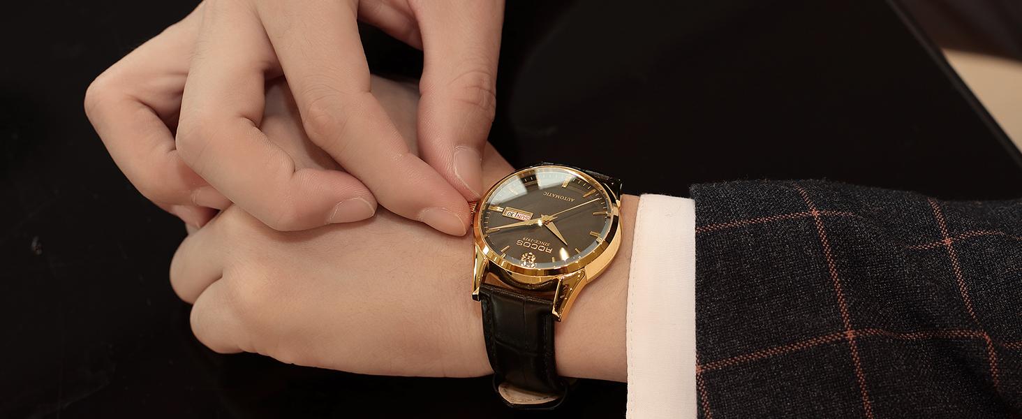 ROCOS Men's Automatic Skeleton Watch – Luxury Leather Strap, Day-Date Display, Waterproof Dress Watch | Elegant Gift | Reloj mecánico para hombre