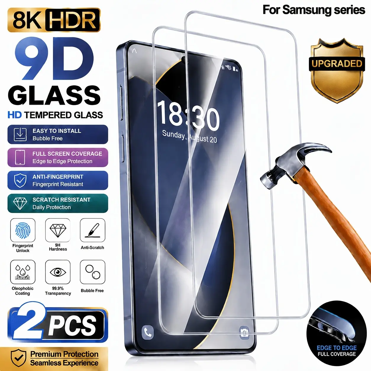 2-Pack Samsung Tempered Glass Screen Protector, Protective, compatible with S21 S22 S23 S24 S24PLUS S24Ultra. Made of highly stable tempered glass substrate, resistant to bending and deformation under force. Full-screen one-p