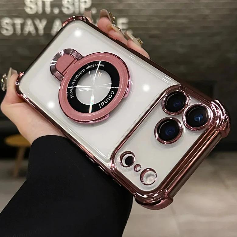 For Magsafe Wireless Charging Case For iPhone 17 Pro Max Air 14 15 Plus 13 12 16 Pro Transparent Plating Ring Holder Phone Cover