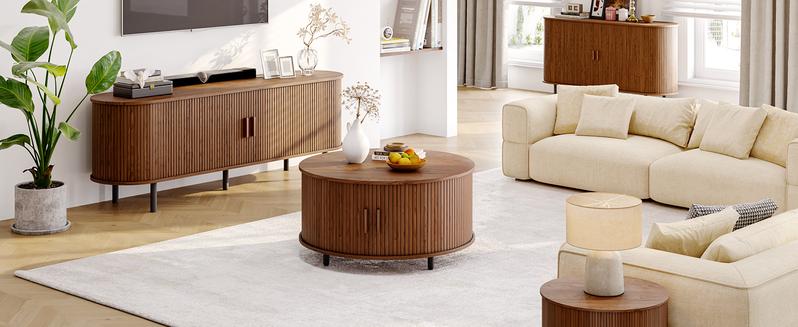 【Valentine's Day gift】ONBRILL 31.5" Round Storage Coffee Table, Fluted Wood Coffee Table with Adjustable Footpads and 360° Curved Sliding Door, Living Room Furniture