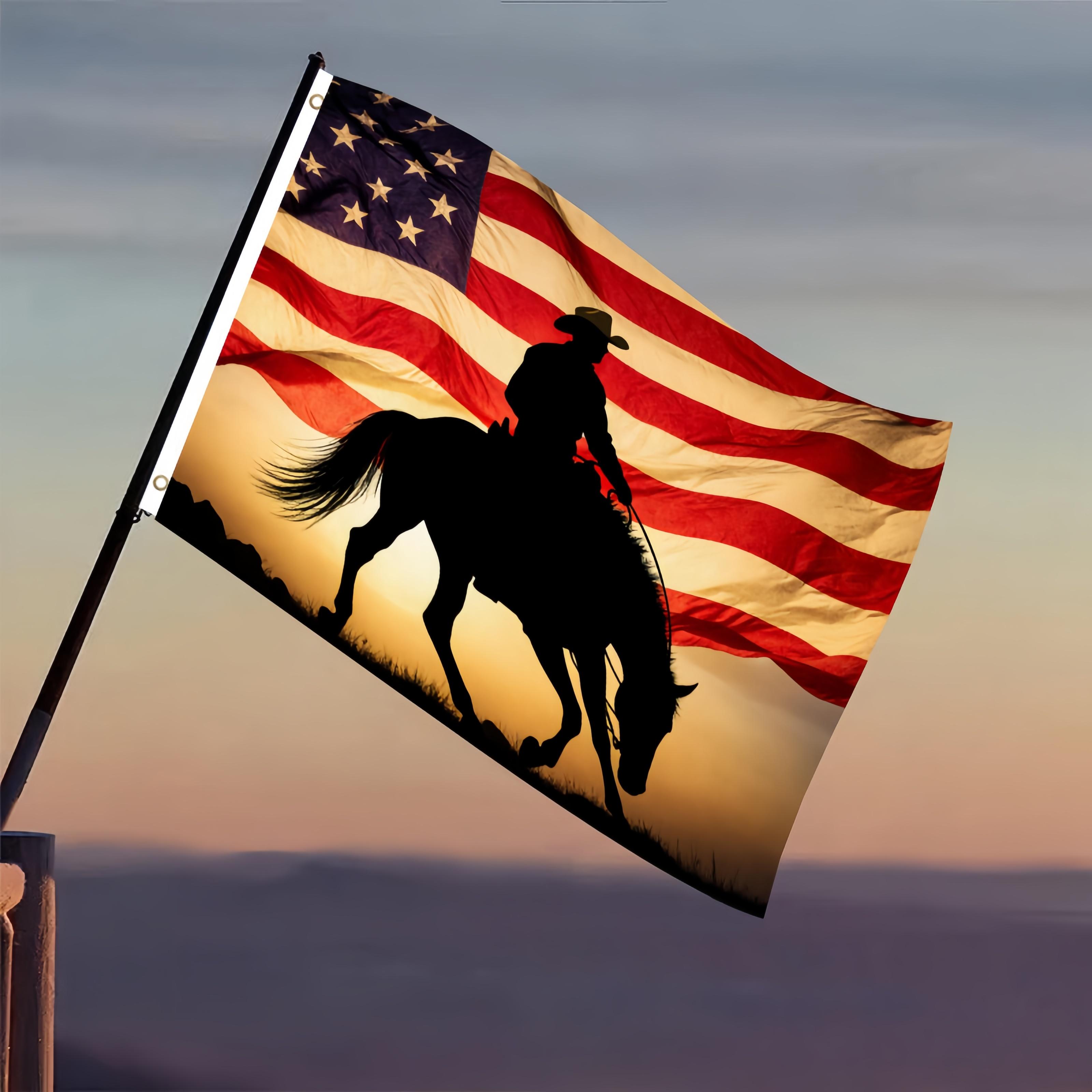 3x5 Ft American Flag Cowboy Horse Silhouette Flag, Western Rodeo Patriotic Outdoor Banner, Fade‑Resistant Vintage Sunset Cowboy Yard Flag for Ranch & Western Home Decor