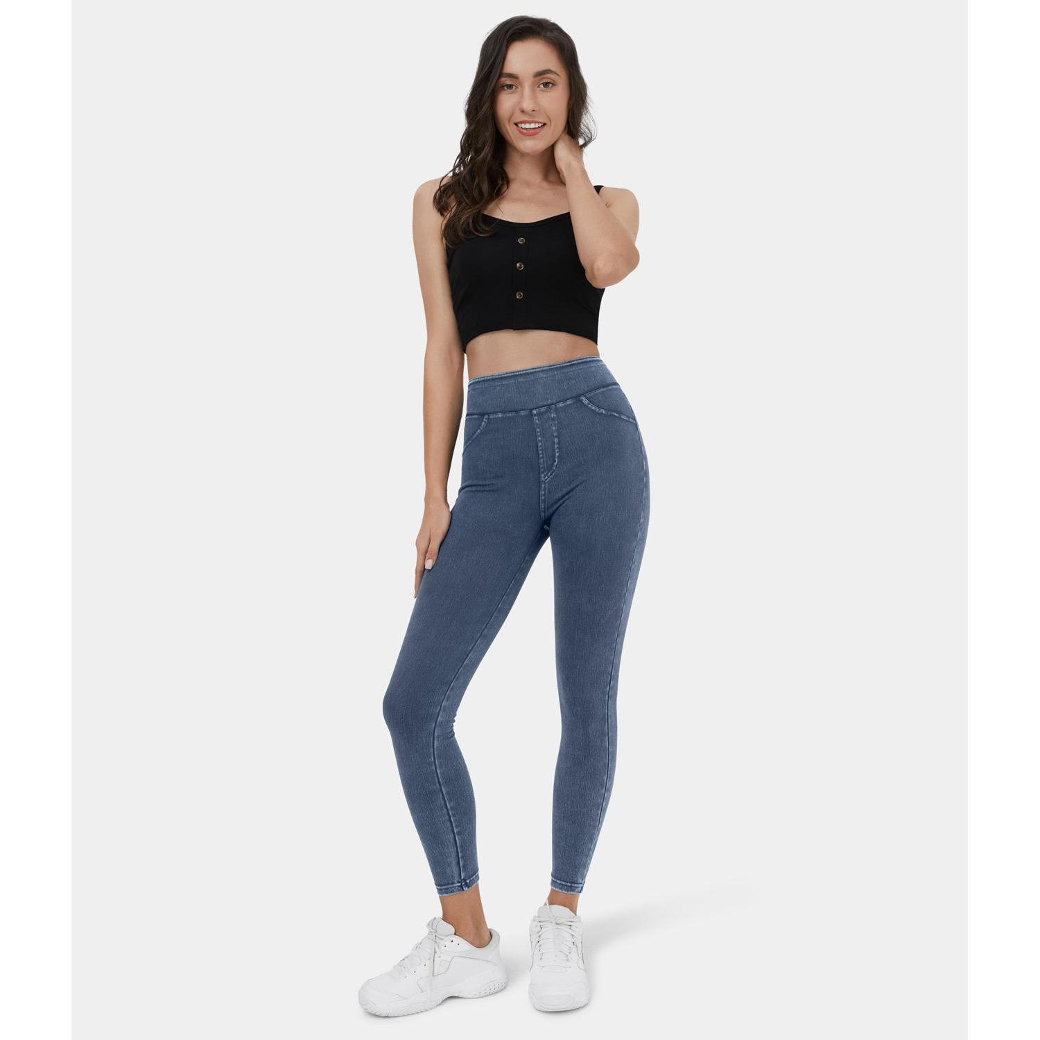 Halara Flex High Waisted Back Side Pocket Stretchy Knit Denim Casual Leggings#outdoorfun