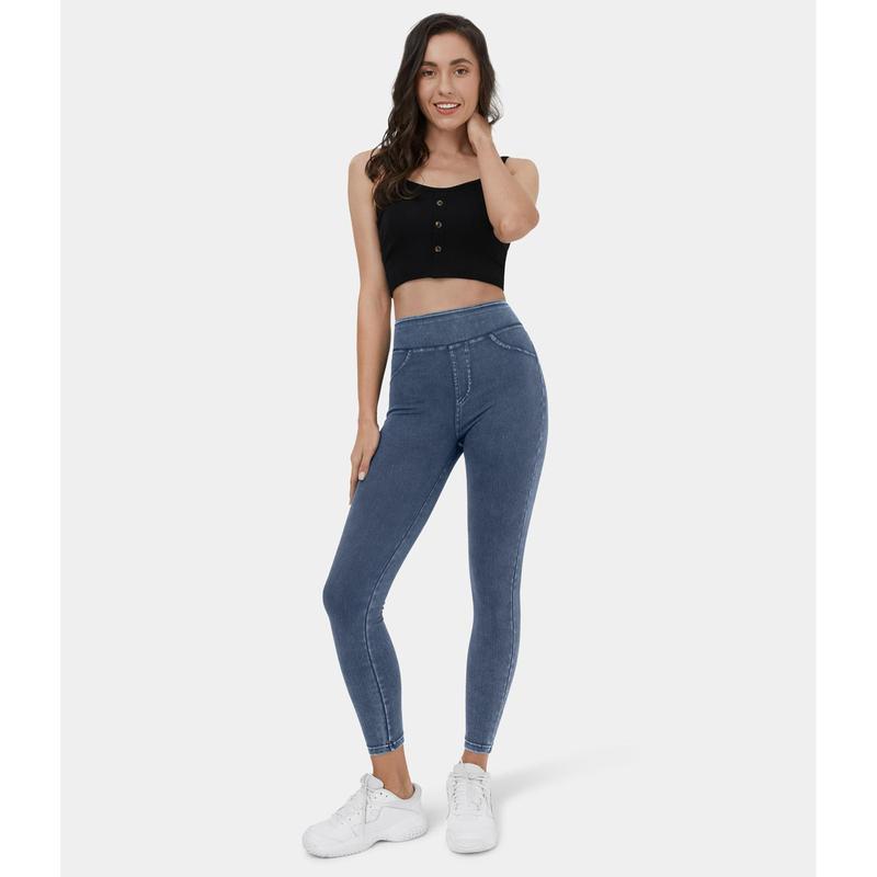 Halara Flex High Waisted Back Side Pocket Stretchy Knit Denim Casual Leggings#outdoorfun