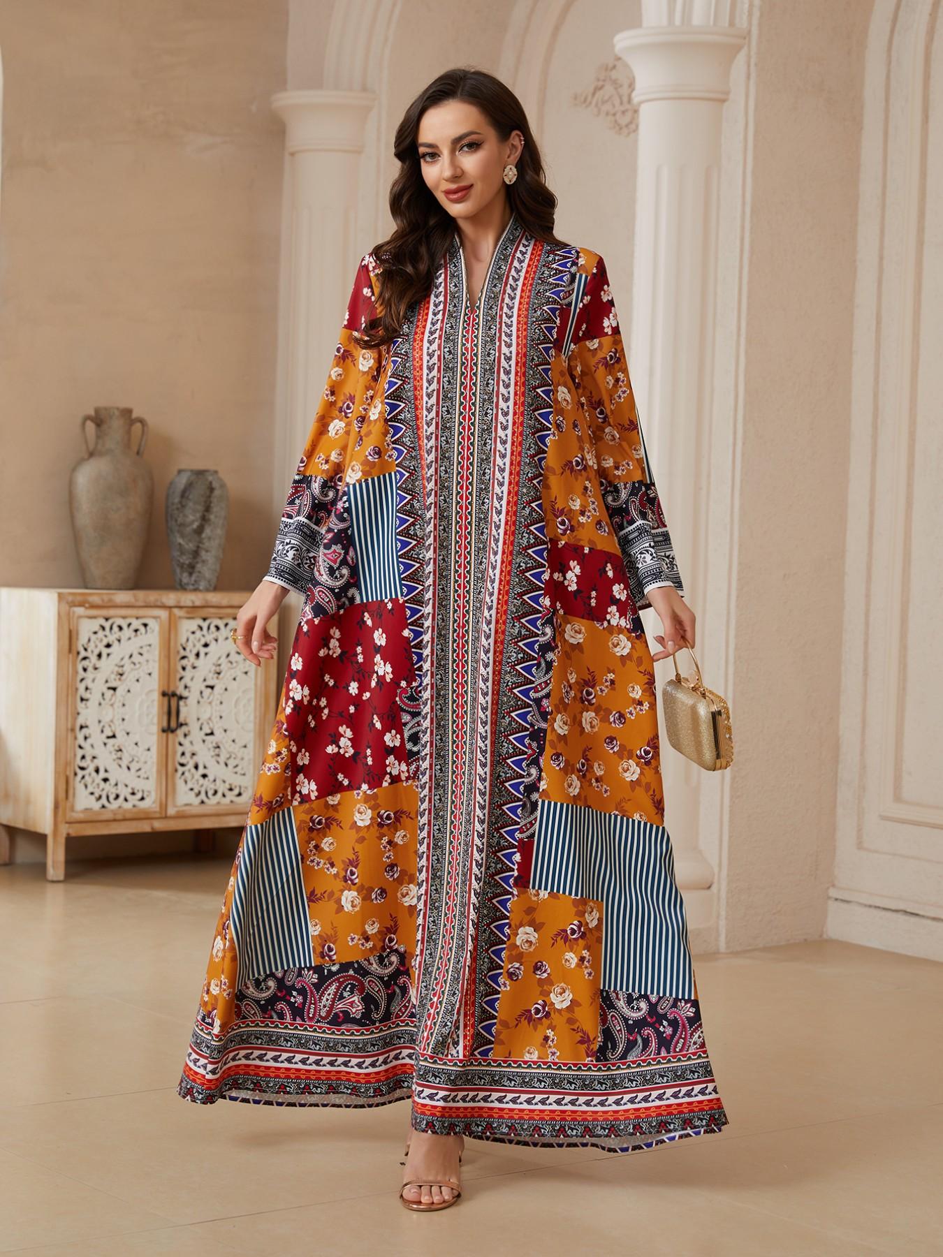 Middle Eastern Ramadan Eid Abaya, Colorblock Floral Cashmere Long Robe, Dubai Style Ethnic Koftan, Traditional Women's Dress