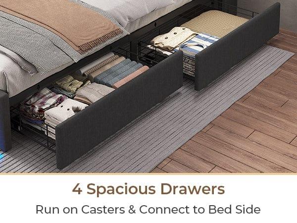 Sikaic Upholstered Platform Bed Frame with LED Lights & Charging Station Hidden Storage Headboard and 4 Drawers Linen Dark Grey Furniture Home Bedroom Bedframe