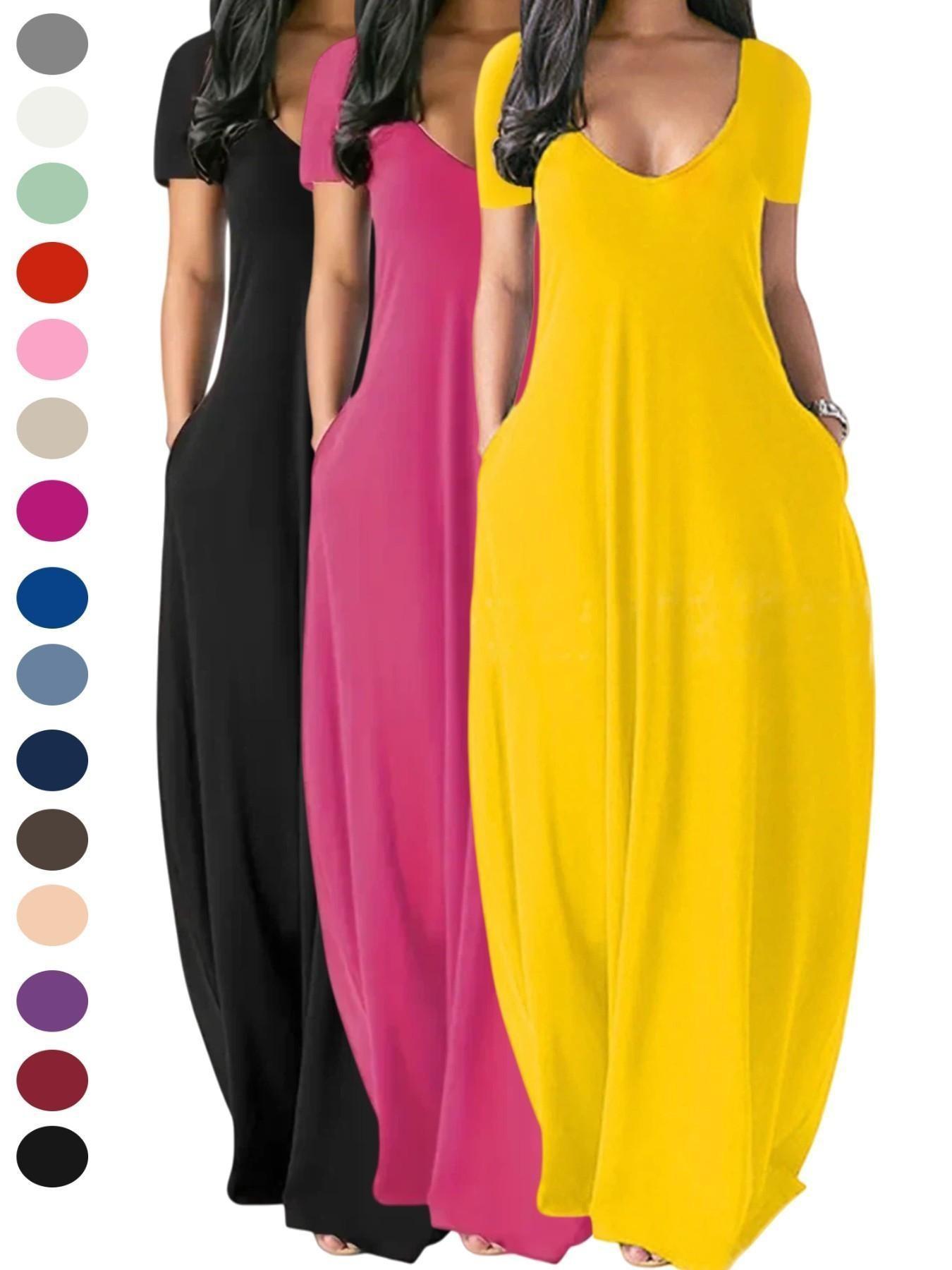Women's Long Dress 2026, Coffee Color Everyday Casual Round Neck Short Sleeve Pockets Sleepwear, Soft Comfortable All-Season Dress