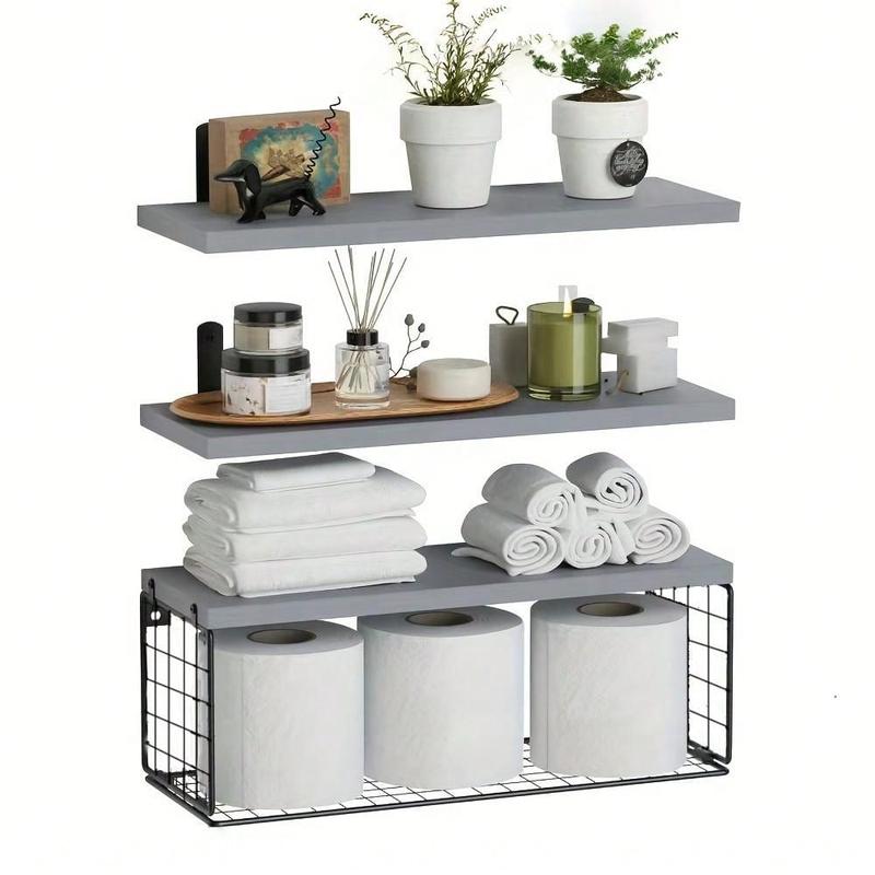 Minimalist Wooden Floating Shelf Set with Baskets, Stylish Wall Storage for Organizing Bedroom Living Room Kitchen, Wall Organizer Shelf, Eco-friendly Wooden Materials, Wall Shelf Unit