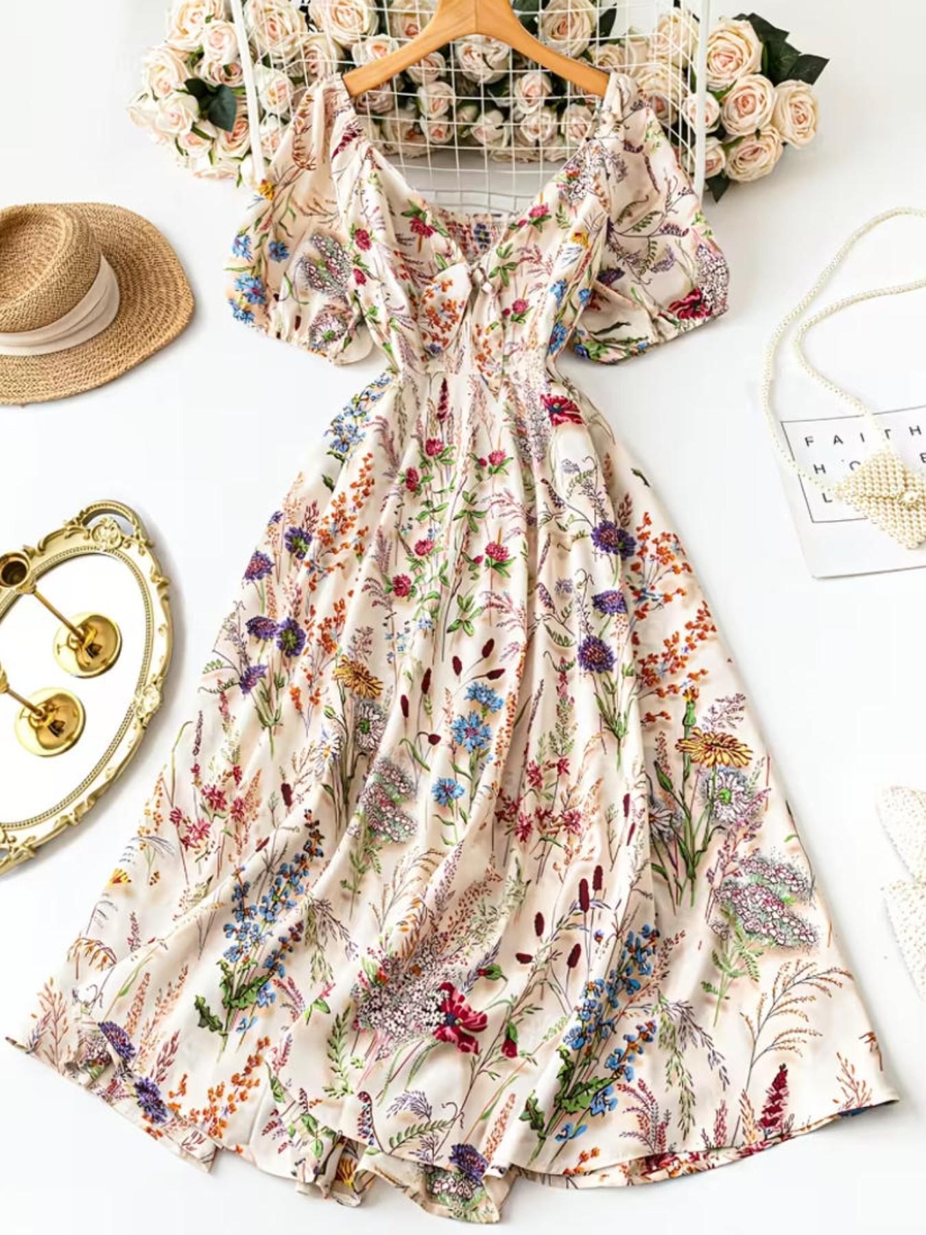 Elegant Floral Dress with Square Neck Design, Bow Back Belt, Casual Vacation Wear, Spring Summer Fall Fashion, Loose Comfortable Skirt