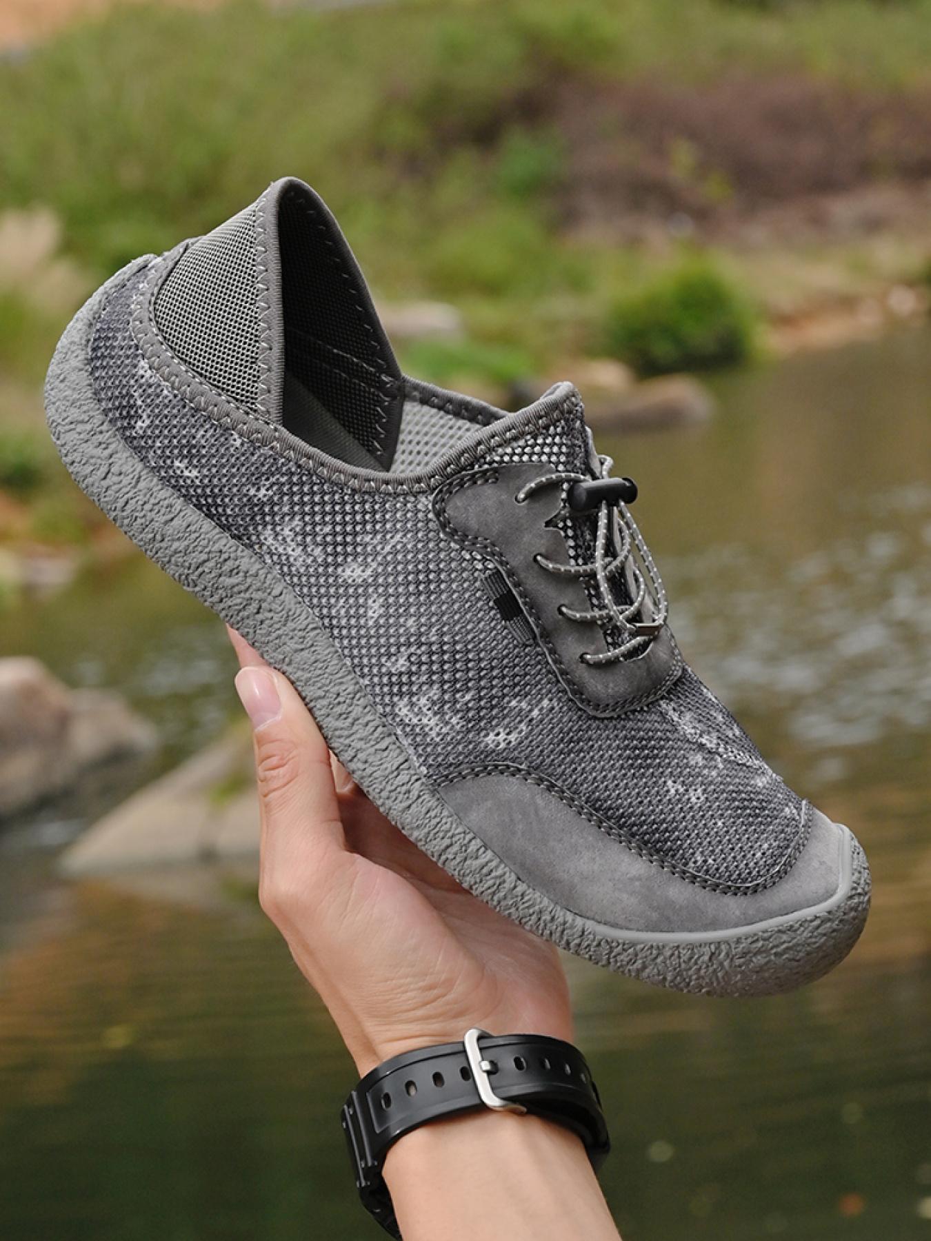 Men's Solid Color Mesh Breathable Outdoor Water Shoes Drawstring Two-Way Closed-Toe Sandals Non-Slip Wear-Resistant Soft Sole Hiking Shoes