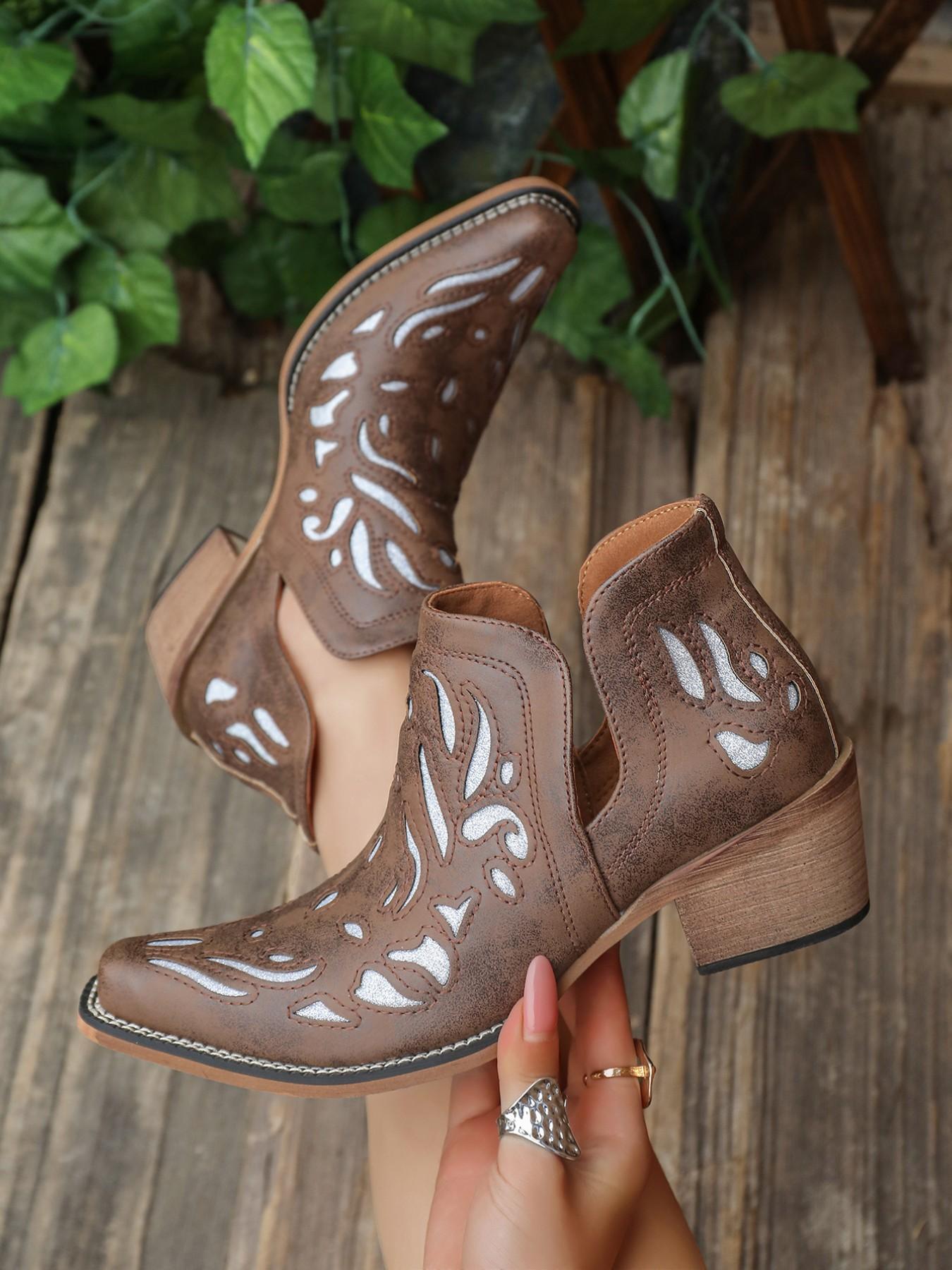 Women's Short Cowboy Ankle Boots, Embroidered Ankle Boots, V-Cut Slip-On Western Booties with Embroidery, Block Heel PU Leather Cowgirl Boots for Everyday Wear
