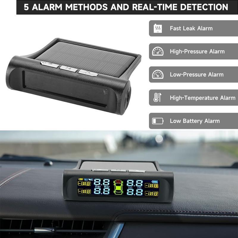 Solar Car Tire Pressure Monitoring System, Wireless TPMS with LCD Display, Real Time Tire Pressure Gauge, Replacement Valve Included