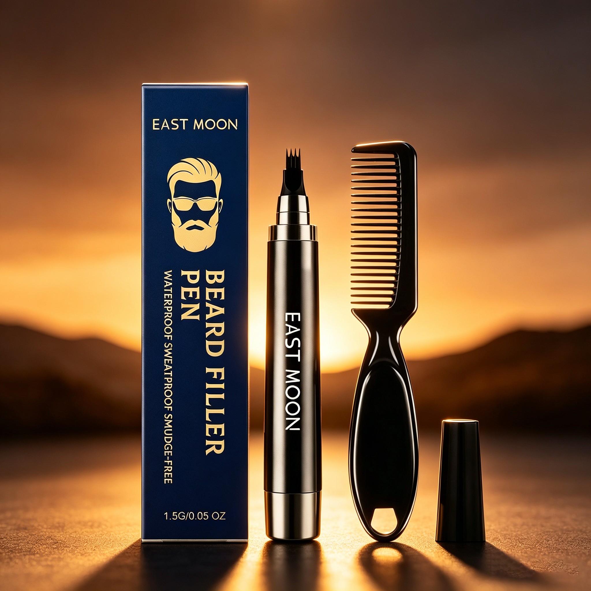Men's Waterproof Carbon Powder Beard Contouring Pen (1 Set), Natural Black, Sweat-Proof, Outline The Contour, Perfect for Father's Day Gift