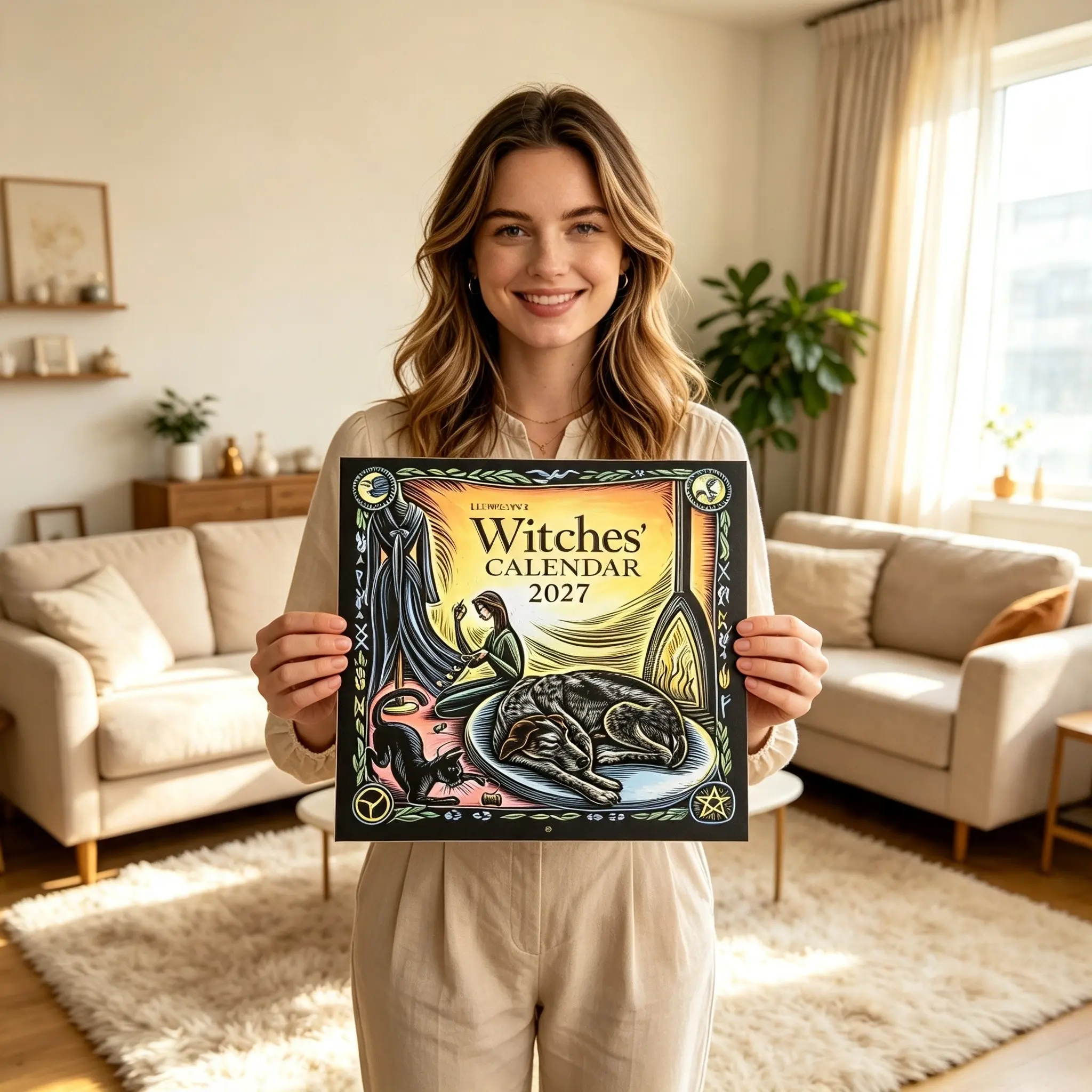 2027 Witch Themed Calendar Design, Horse Riding and Nail Binding, 12 Months, Mysterious Witches and Customs, Perfect for Halloween and New Year Gifts