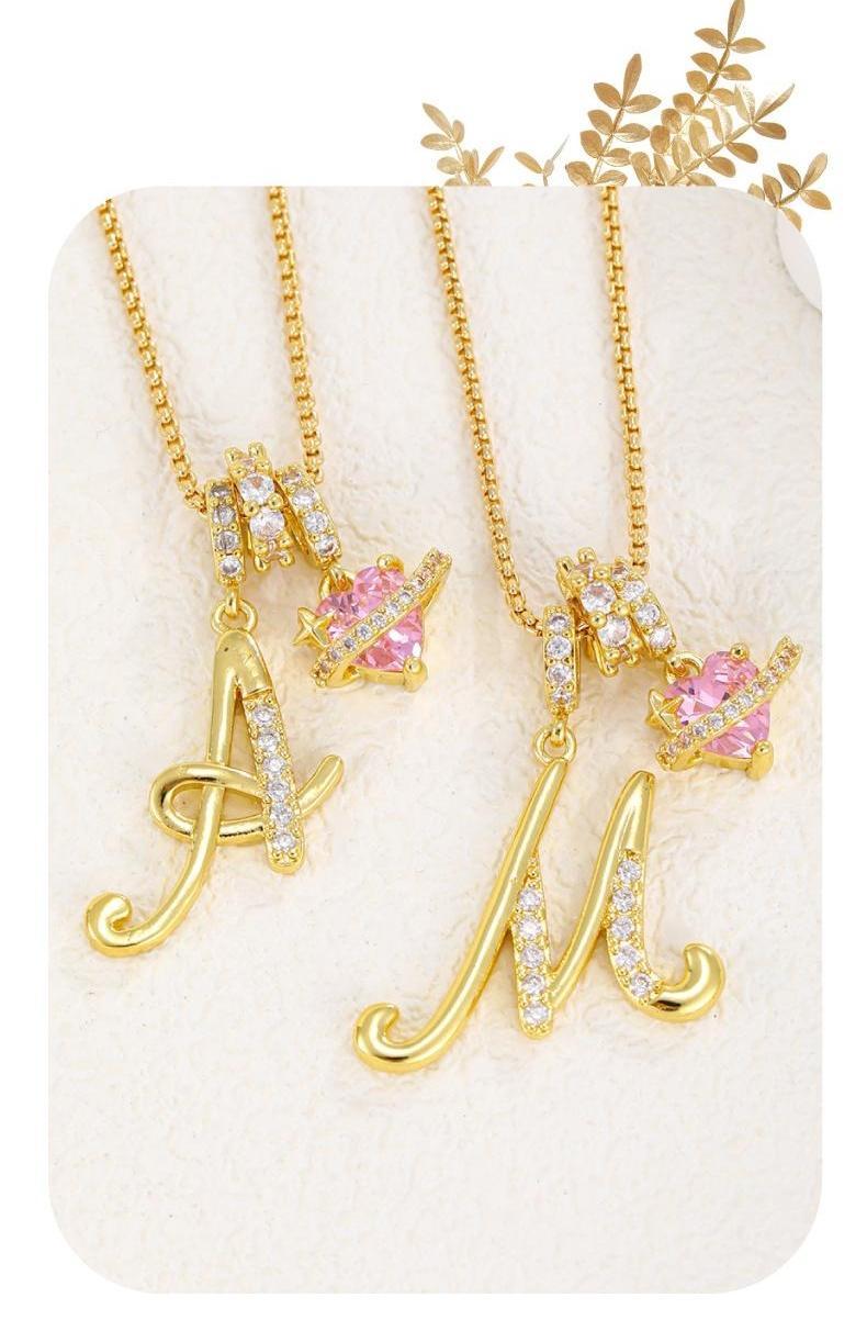 Women's 18 Karat Gold Plated Initial Heart Charm Necklace - Pink Cubic Zirconia Letter Pendant, Bling Necklace, Gold Plated Chain, Fashion Costume Jewelry for Anniversary, Black Friday Gift