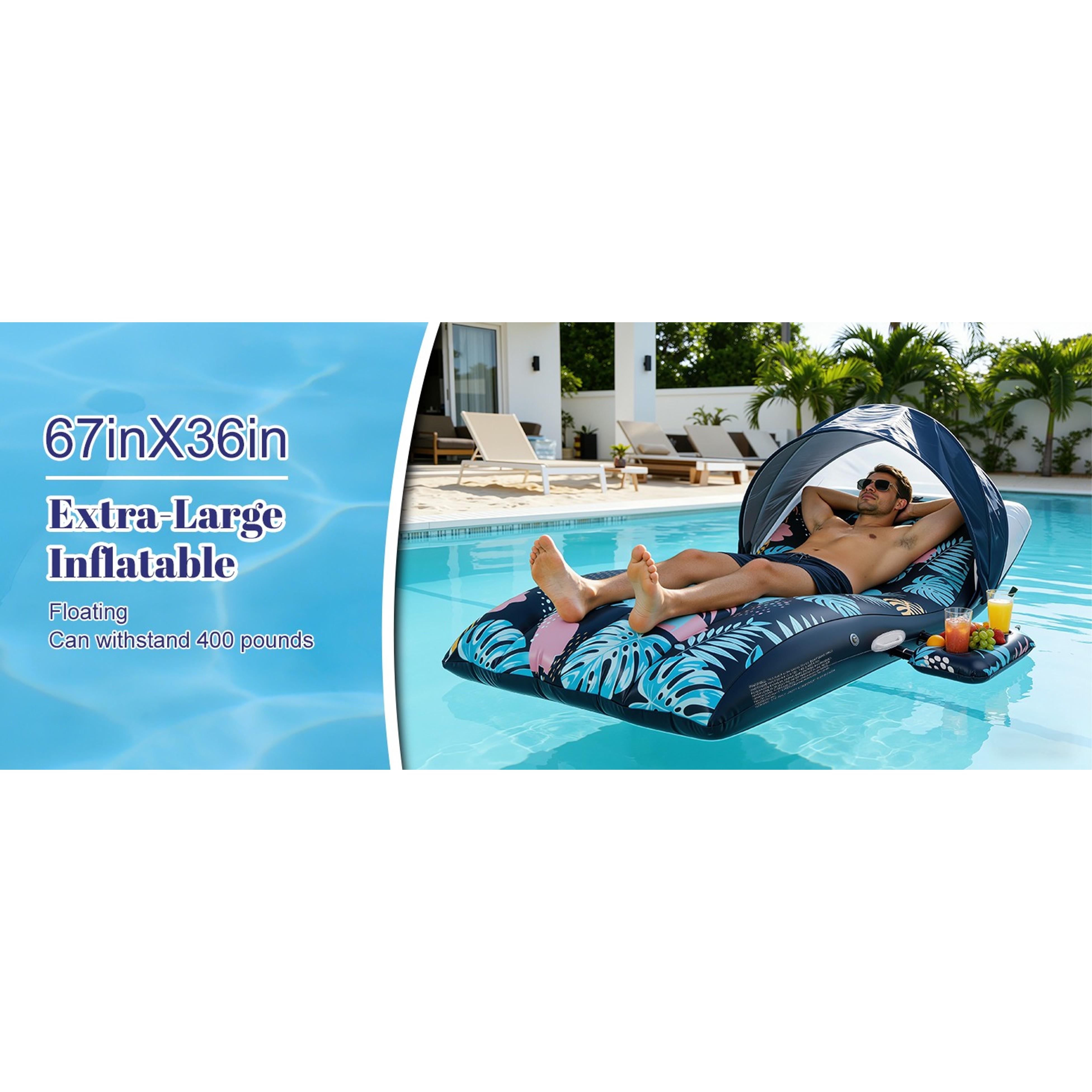 Large-Size Inflatable Floating Chair with UPF50+ Adjustable Canopy, Ergonomic Design, Cup Holder, Ideal for Swimming Pool, Beach