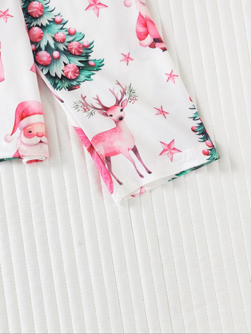 Women's Christmas Santa Gift Pajama Set, Round Neck Long Sleeve & Loose Comfortable Pants, Casual Fitted Sleepwear Loungewear for All Seasons