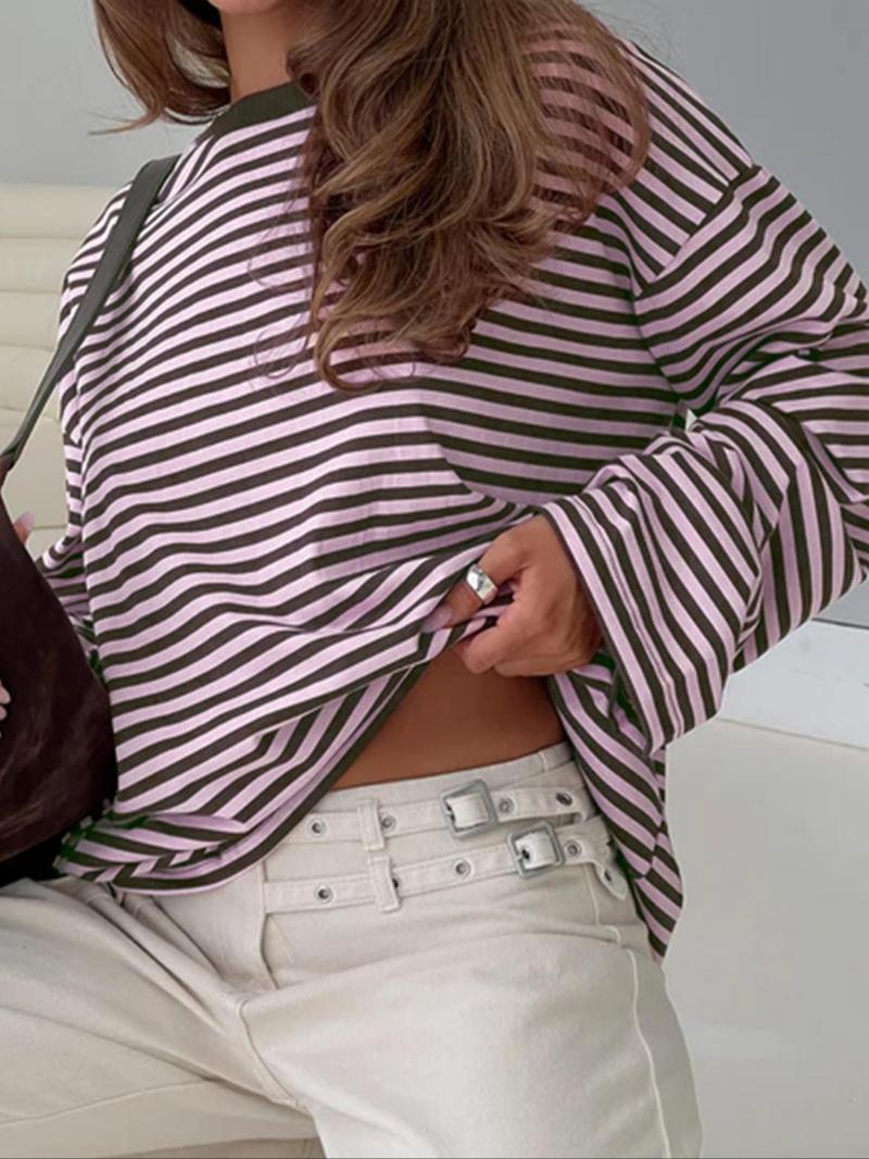 Women's Striped Long Sleeve Top, Casual Versatile Blouse, Stylish Ladies' Fashion Shirt, Perfect for Daily Wear & Layering