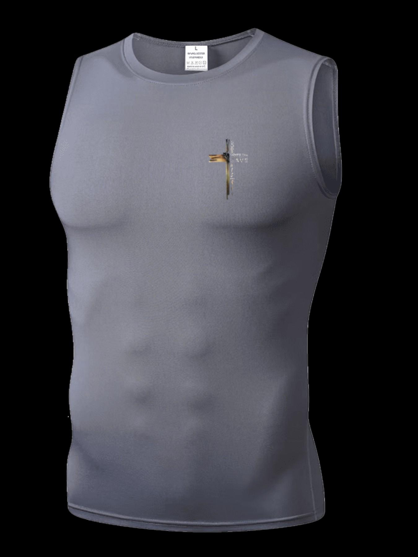 Men's Short Sleeve Sporty Tee, Quick-Dry Breathable Fabric, Cross Pattern Print, Ideal for Gym, Running, Boxing, Outdoor Activities