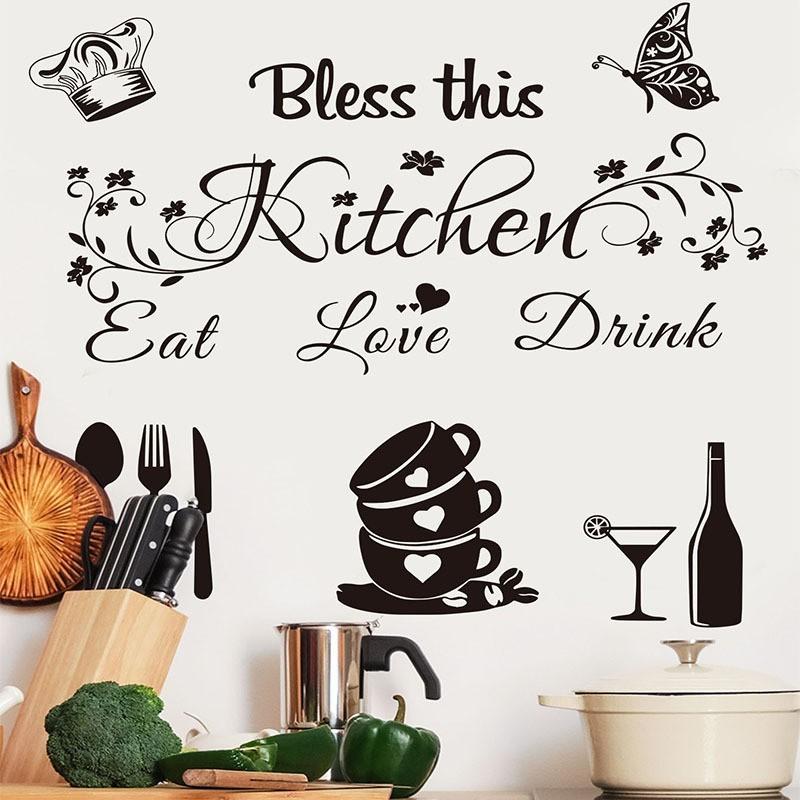 Kitchen Theme Wall Stickers Set, Simple Style, Bless This Kitchen Slogan, Removable Waterproof Oilproof, DIY Decor, Decorative Wall Sticker