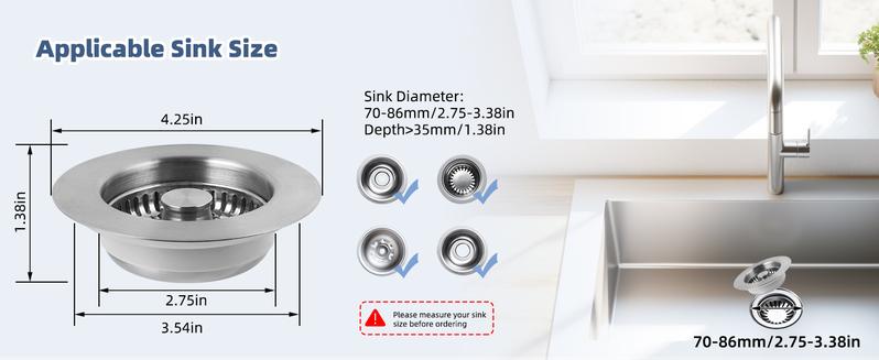 All Metal Kitchen Sink Strainer Stopper Combo - Stainless 3-in-1 Pop Up Sink Drain Strainer with Handle Rod for US Standard 3-1/2 inch Drain Filter, Anti-Clog