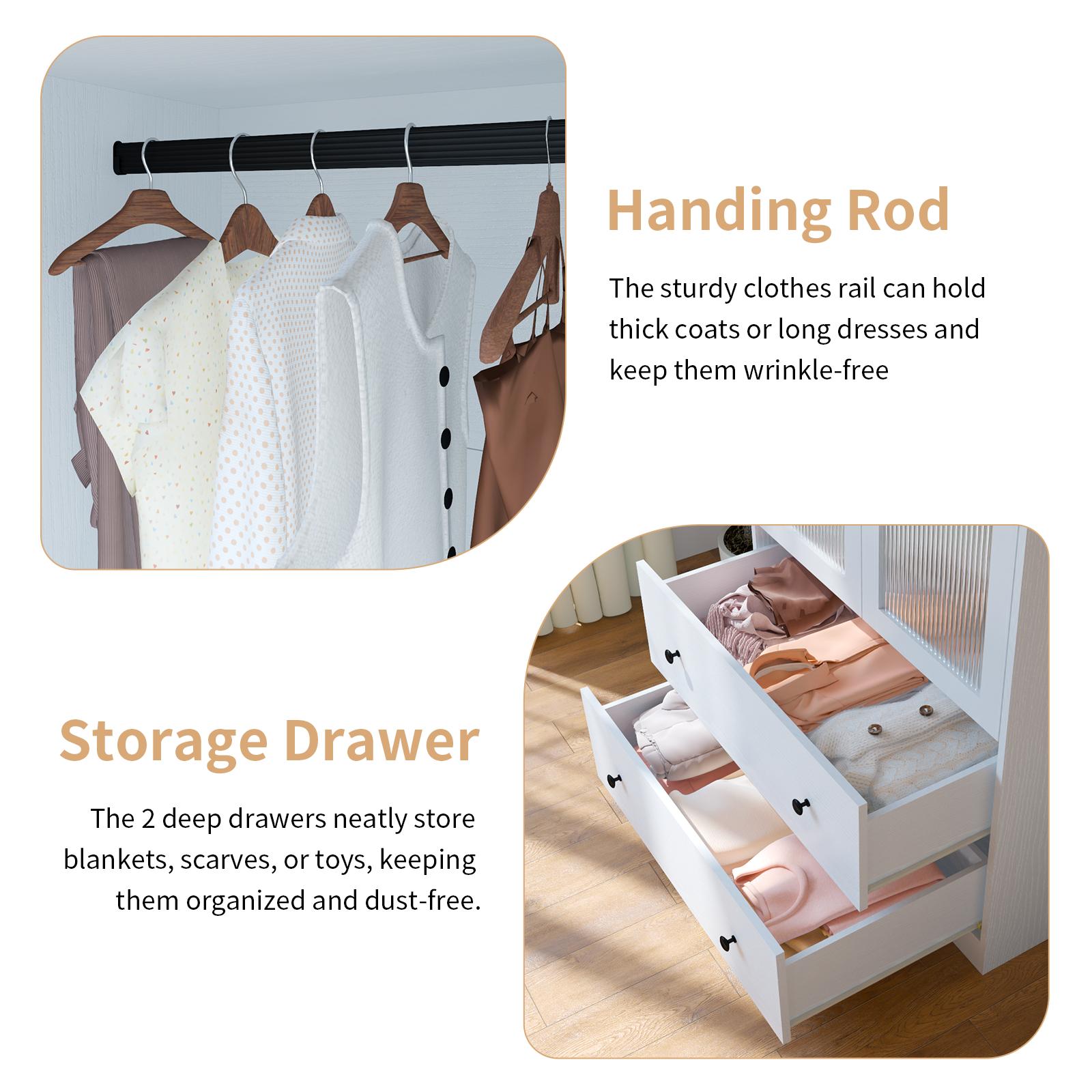 【2 Packages Delivery】VOWNER 71'' White Wardrobe Closet with Fluted Glass Door, 2 Drawer & Shelf, Wood Armoire Storage Cabinet for Bedroom