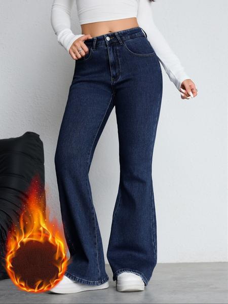 Women's Fleece Lined Thick Denim Flare Pants, Comfortable Winter Fashion Jeans, Elegant Plain Design, All Seasons Wear
