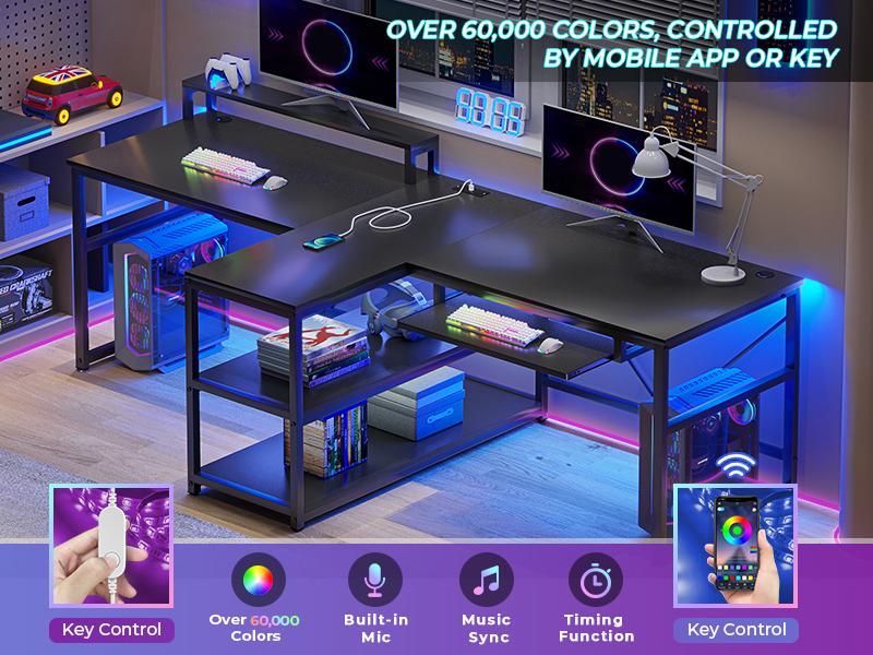 94.5 Inch Office Computer Desk 2 Person Gaming Desk with Storage LED Lights Keyboard Tray Power Strip with USB & Monitor Stand