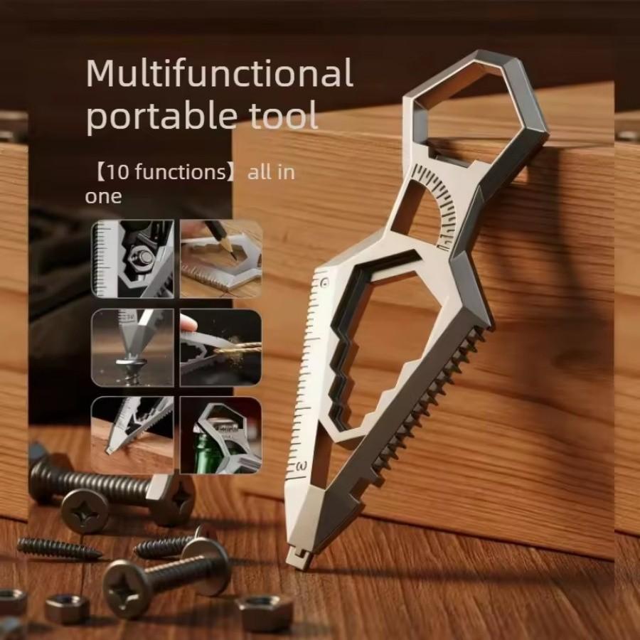 9-in-1 Stainless Steel Keychain, Portable Bottle Opener, Protractor, Ruler, Screwdriver, Wrench, Pocket EDC Tool.