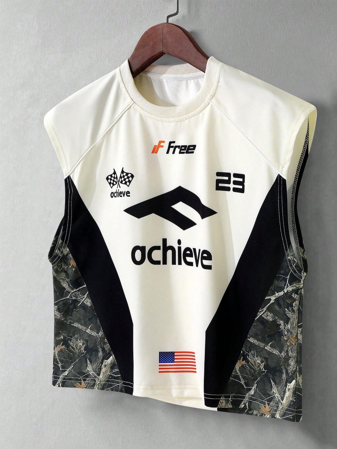 Y2K Racing Sleeveless Top, Camo Patchwork Streetwear, 23 Number American Flag Pattern, Men's Vintage Motorcycle Sweatshirt