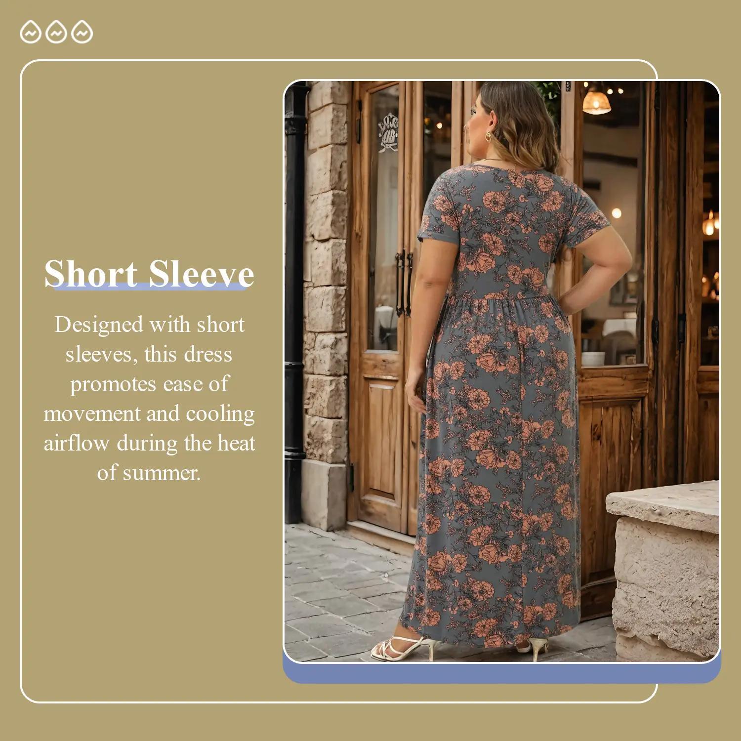 Plus Size Floral Print Short Sleeve A-line Dress with Pockets, Summer Dress, Boho Vintage Dresses for Holiday, Casual Everyday Wear, Modest Dresses