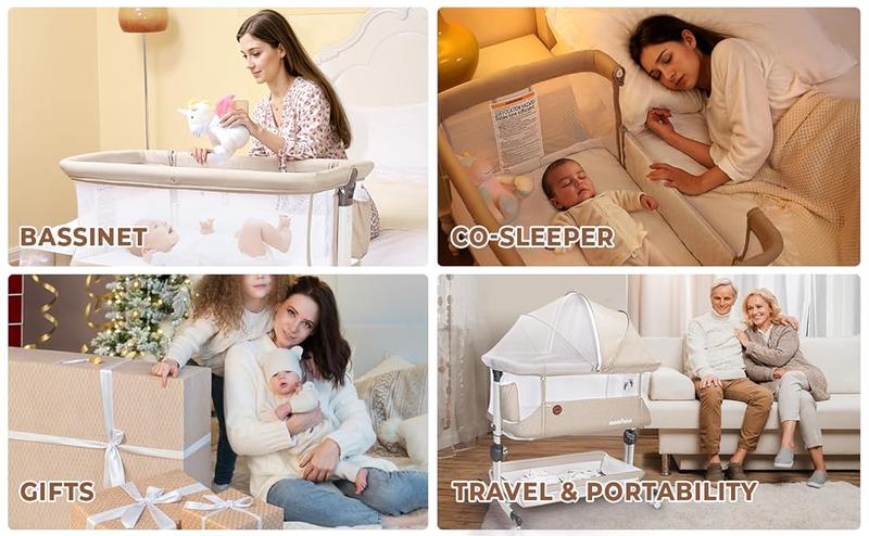 Momfann Baby Bassinet Bedside Sleeper, Upgraded Stability Bedside Crib with Full Mesh Sides, Soft Sheet, 6-Height Adjustment, Storage Basket, Easy Folding Portable Bassinet for Newborns, Oatmeal