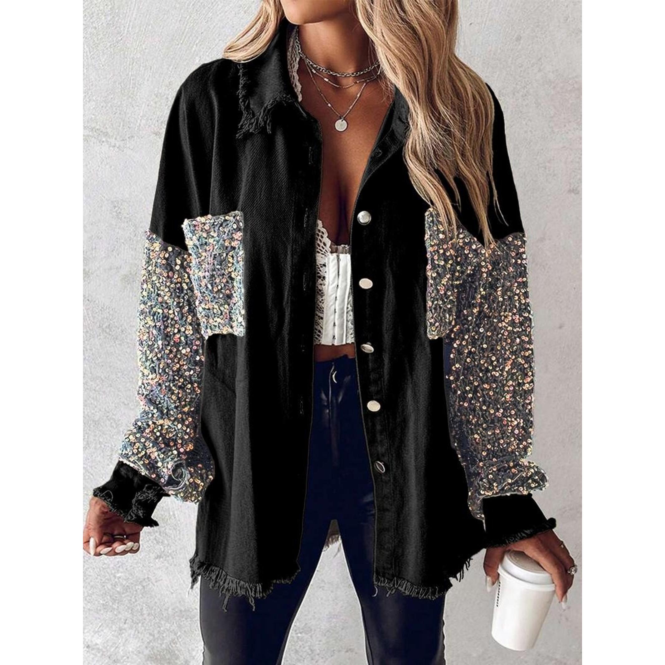 Women's Denim Patchwork Colorful Sequins Shirt Jacket, Cool Personal Style, Fringe Design, Daily Wear, Streetwear, Parties