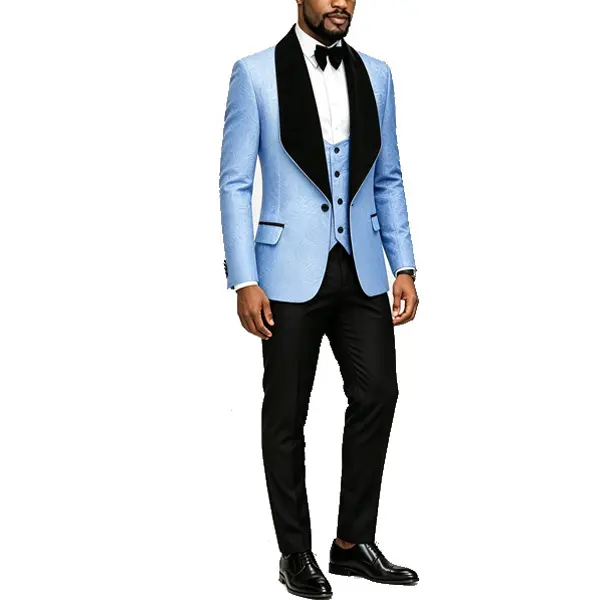 Men Light Blue Jacquard 3 Piece Tuxedo Suit Slim Fit Shawl Lapel Blazer Vest Pants Set Wedding Prom Formal Outfit