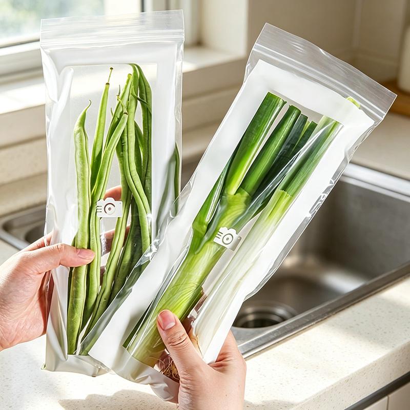 50pcs Grade PE Plastic Long Strip Storage Bags with Snap Buttons - Airtight Seal Kitchen Preserving Containers, Disposable Durable Transparent, Space-Saving for Refrigerator Fruits, Meat