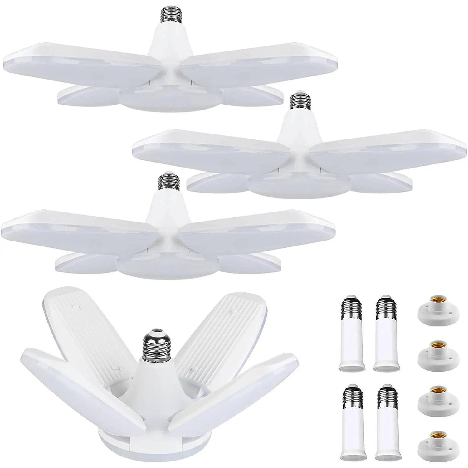 Yiliaw LED Garage Light 4 Pack 80W 8000LM Shop Lights with 4 Adjustable Panels, 6500K Daylight Deformable Ceiling Light Fixture, Screw in Garage Lights Bulb for Basement Warehouse Workshop Office Gym