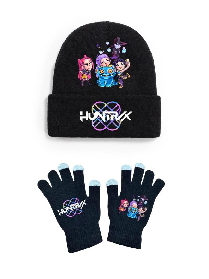 Fashionable Hat & Glove Set for Autumn Winter, Creative Anime Girl Kpop Hunter Series, Unisex Knitted Cap, Christmas Gift Idea