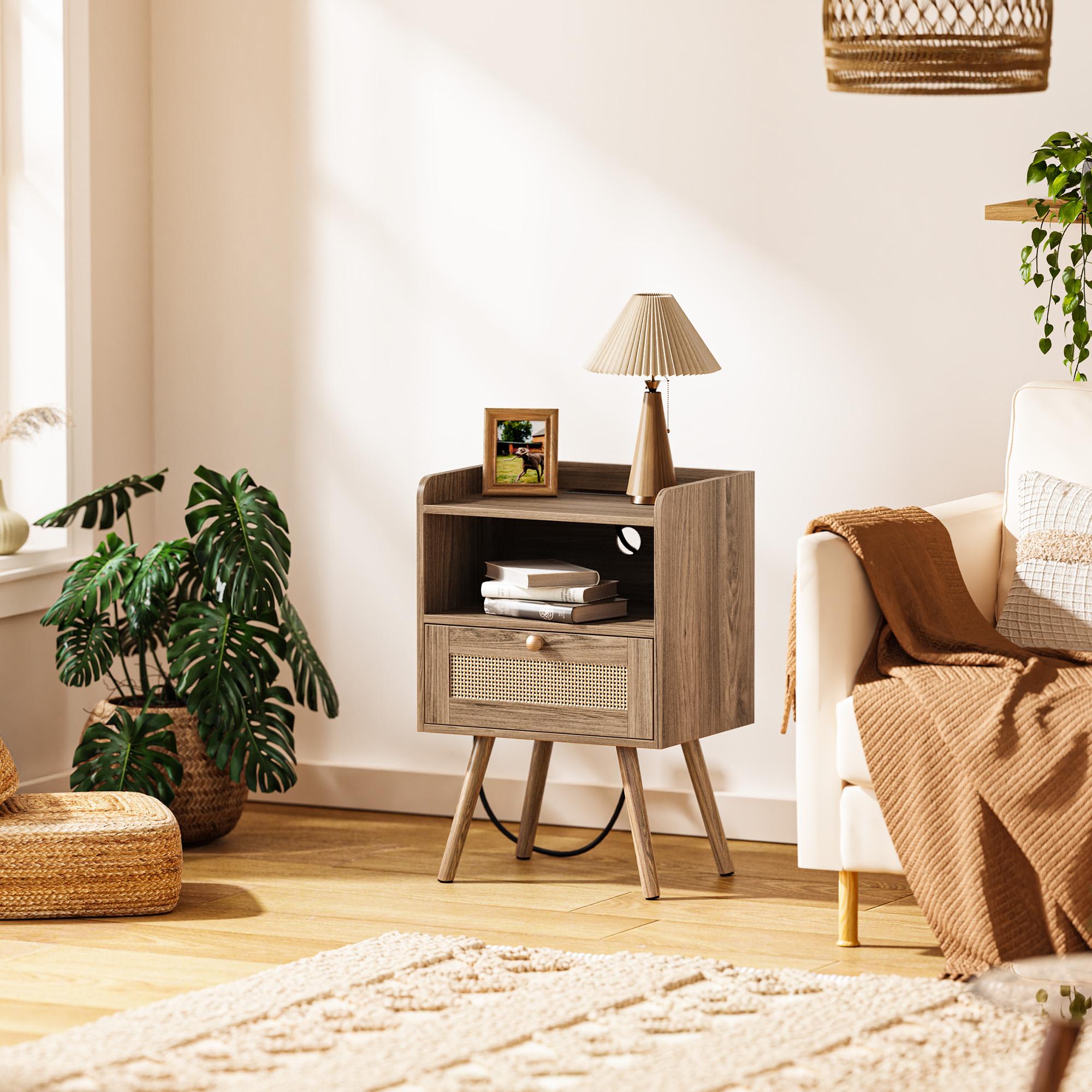 SUPERJARE Nightstands Set of 2, Night Stands with Charging Station & PE Rattan Decor Drawer, Bed Side Tables with Solid Wood Feet, End Table, for Bedroom, Living Room