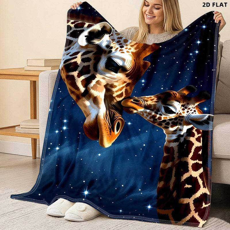 Giraffe Print Throw Blanket, Single - sided Printed, Multiple Specifications Available, Warm Cozy for Nap/Relaxation, Soft Flannel Material, Ideal for Adults, Serene Starry Night Giraffe Design, Perfect for Home/Office Lounging