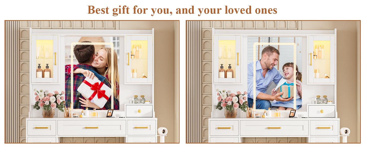 Makeup Vanity Mirror with Light, Large Women Vanity Desk with Touch Screen Mirror Lights & Power Outlet, 4 Cabinet, 2 Shelves & 5 Drawers for Bedroom,[Gift Idea]