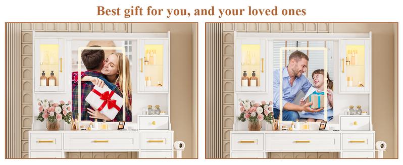【Valentine's Day gift】Makeup Vanity Mirror with Light, Large Women Vanity Desk with Touch Screen Mirror Lights & Power Outlet, 4 Cabinet, 2 Shelves & 5 Drawers for Bedroom,[Gift Idea]