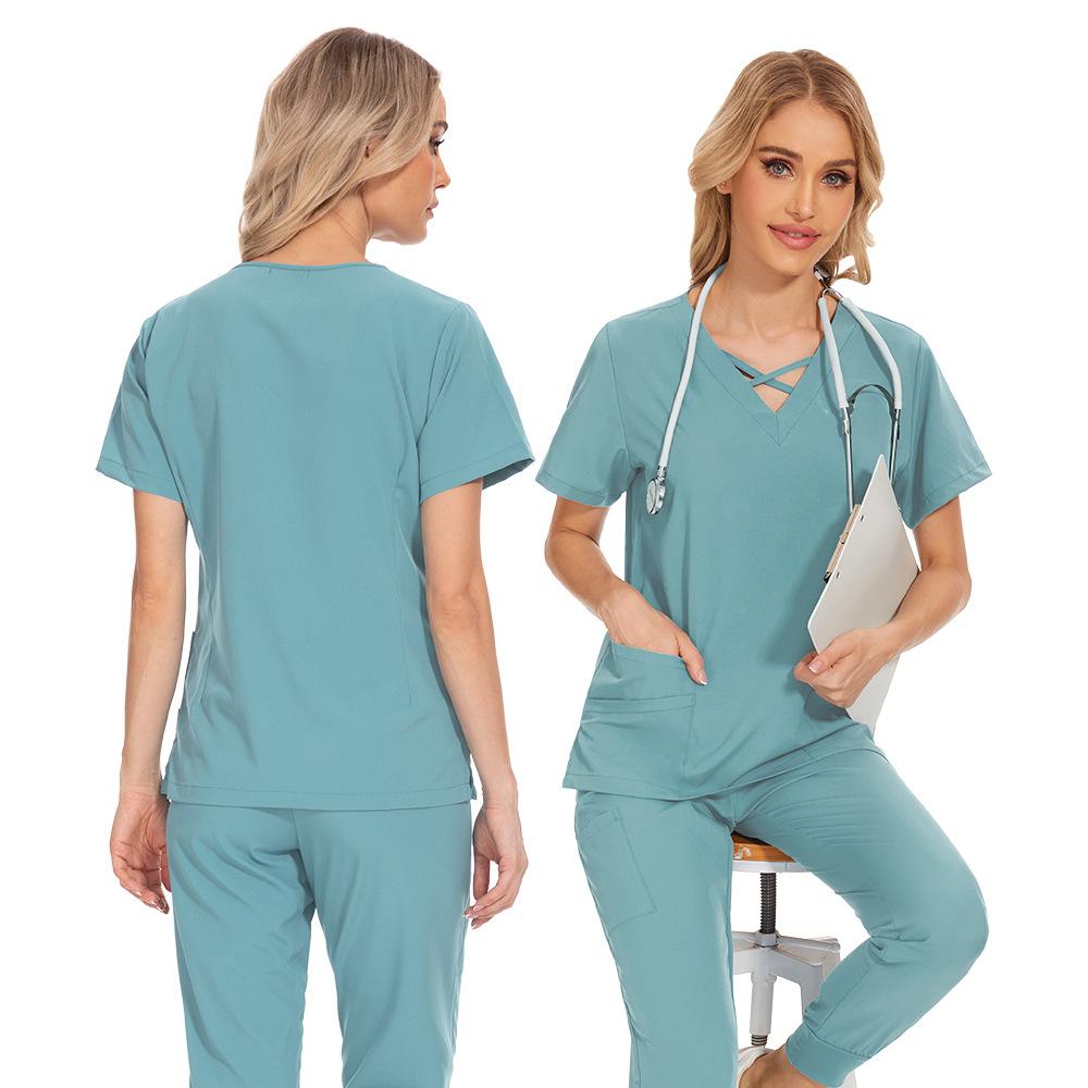 Womens Short Sleeve Long Pants Scrub Uniform Nursing Home Beauty Dental Clinic Surgery Room Nurse Outfit Comfortable Durable Workwear
