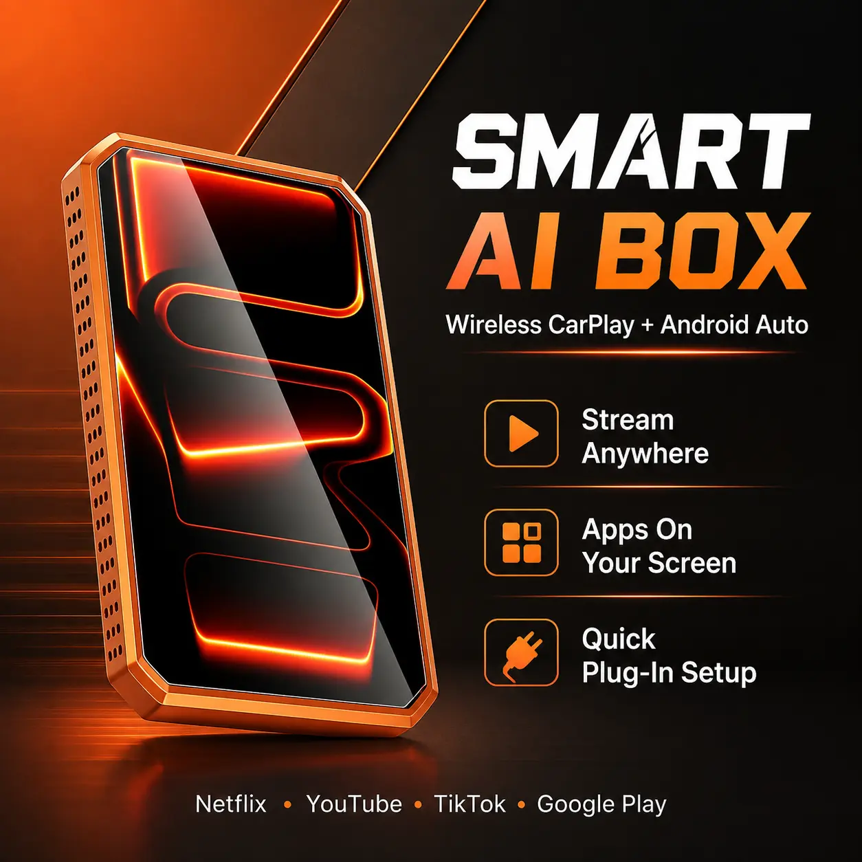 Smart CarPlay AI Box with Wireless CarPlay and Android Auto, Built-In Streaming Support for Netflix, YouTube, TikTok and Google Play, Easy-Install Car Video & Media Player Adapter